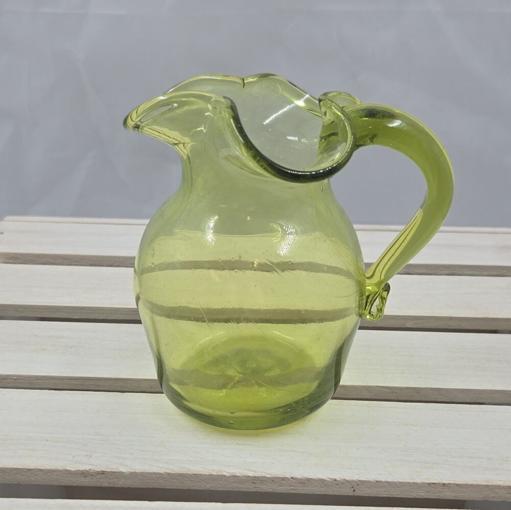 Jamestown Green blown Glass Pitcher Jug with Handle and Pour Spout